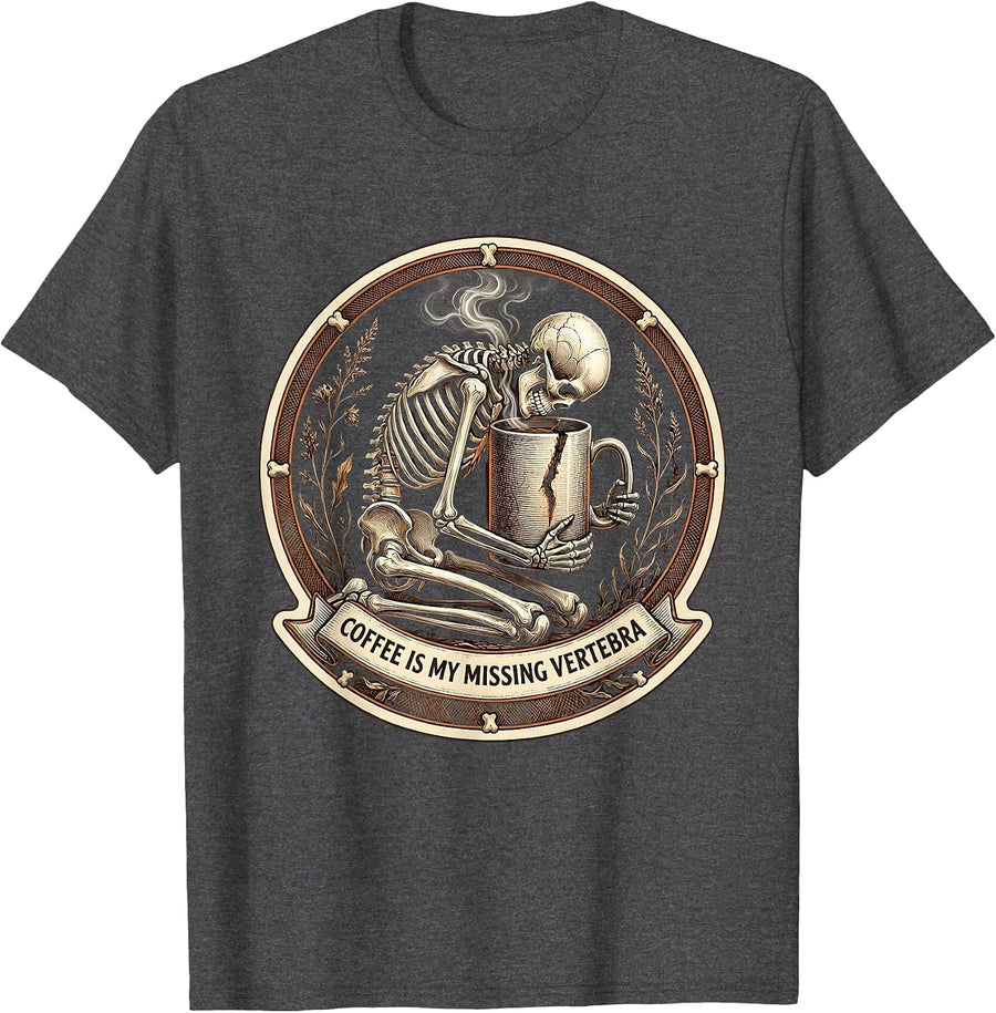 Men's Coffee Is My Missing Vertebra Whimsical Dry Humor Halloween T-Shirt - Dark Heather Grey