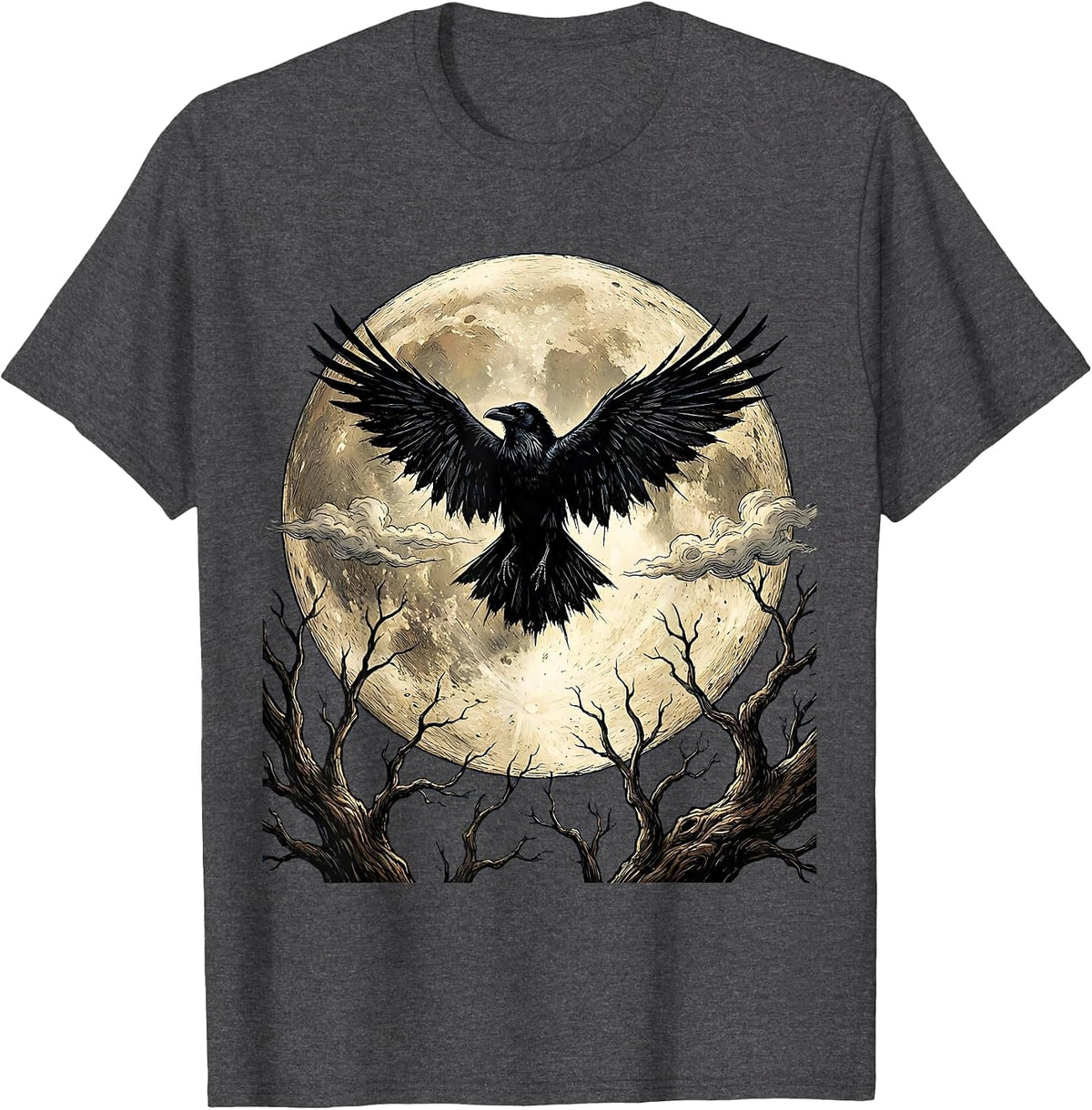 Men's Raven Silhouette Full Moon Edgar Allan Poe T-Shirt - Dark Heather Grey