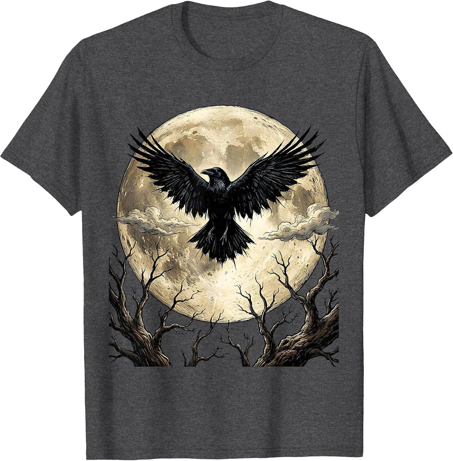 Men's Raven Silhouette Full Moon Edgar Allan Poe T-Shirt - Dark Heather Grey