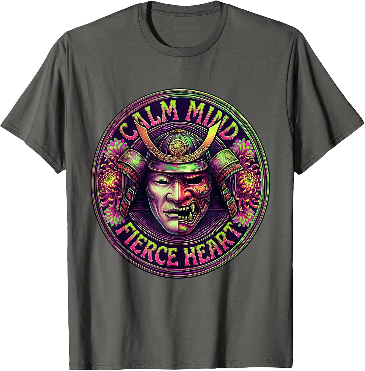 Calm Mind Fierce Heart Japanese Warrior Design T-Shirt - Asphalt Grey