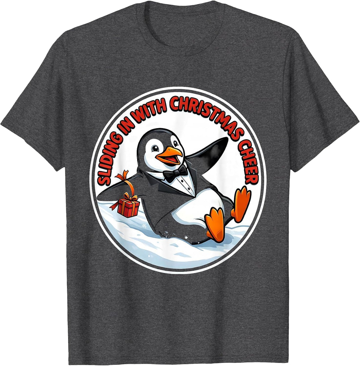 Men's Sliding In With Christmas Cheer Funny Penguin Lover Gift T-Shirt - Dark Heather Grey