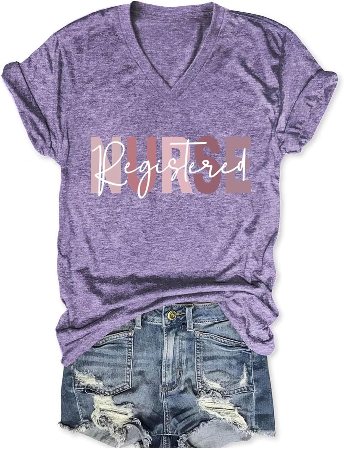 Registered Nurse V-Neck T-Shirt for Women Nurse Lover Shirts Short Sleeve Casual Tee for Medical Workers - Purple