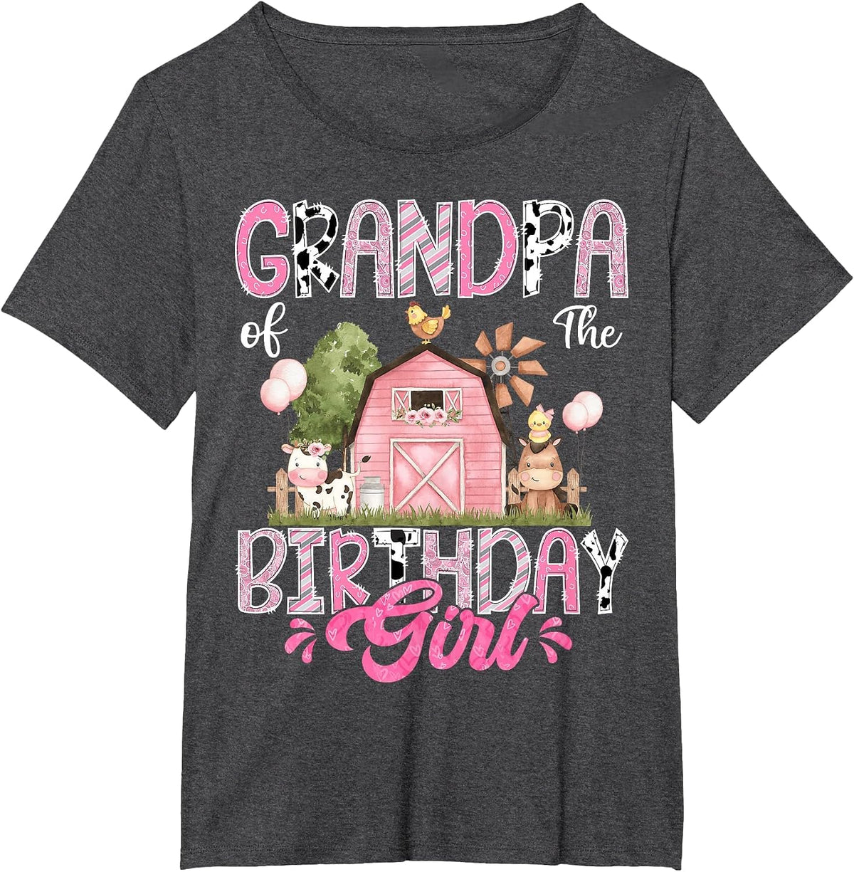 Grandpa of The Birthday Girl 1St Birthday Pink Cow Farm T-Shirt - Dark Heather Grey