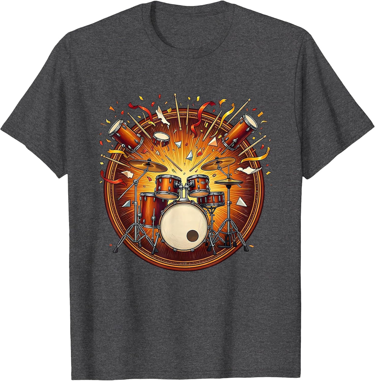 Exploding Drum Kit Confetti Burst Graphic T-Shirt - Dark Heather Grey