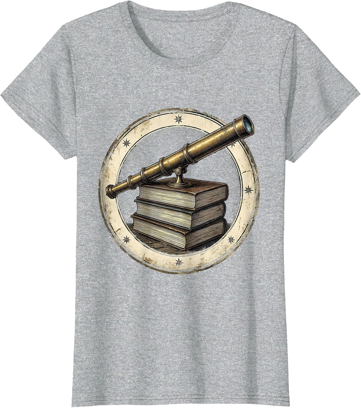 Telescope on Astronomy Books Stargazing Illustration T-Shirt - Heather Grey