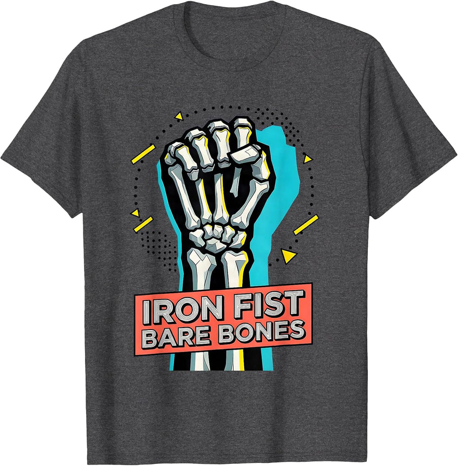 Men's Halloween Metal Gauntlet Skeleton Fist Design T-Shirt - Dark Heather Grey