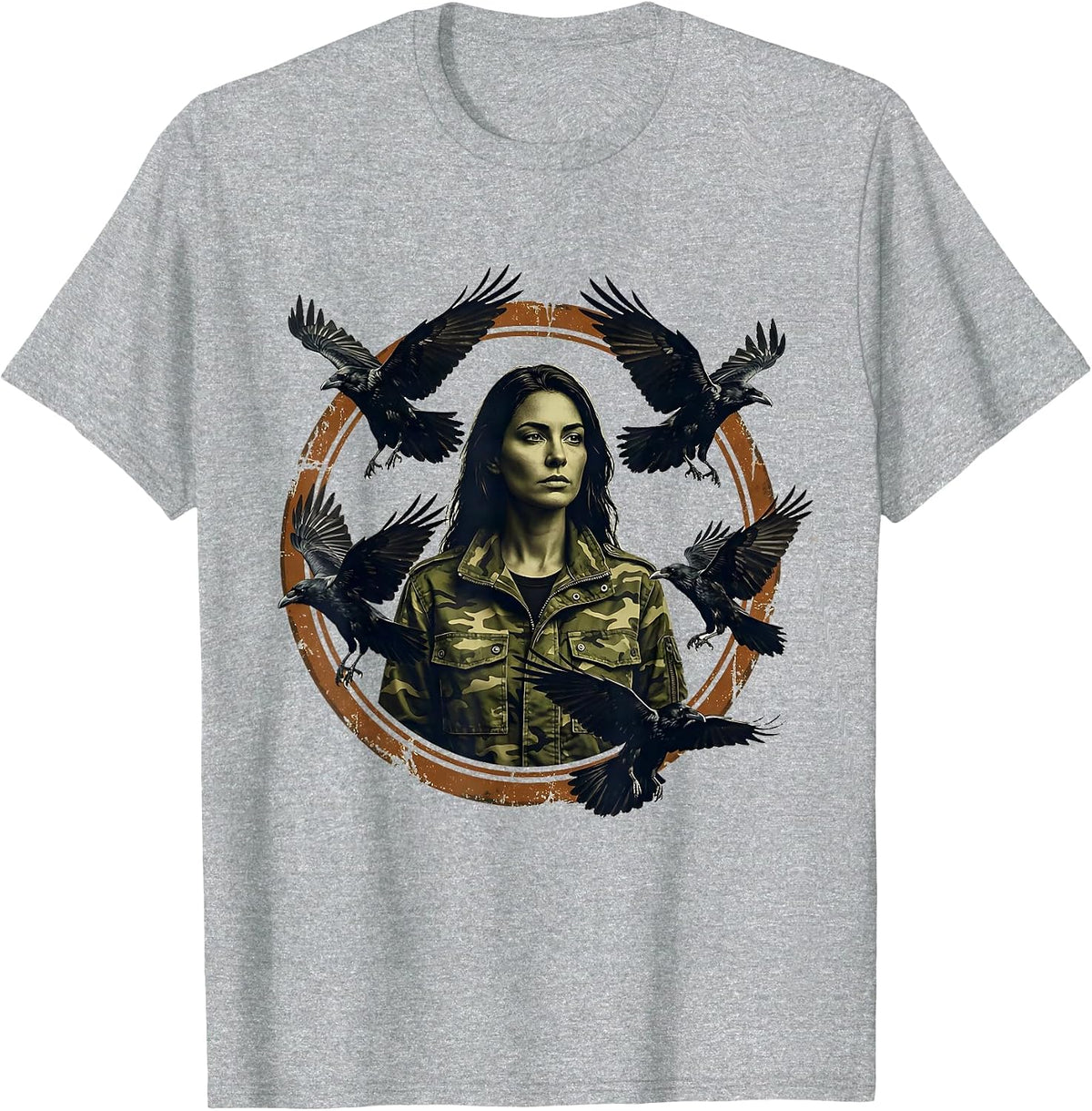 Men's Camo Jacket Raven Illustration Graphic Design T-Shirt - Heather Grey