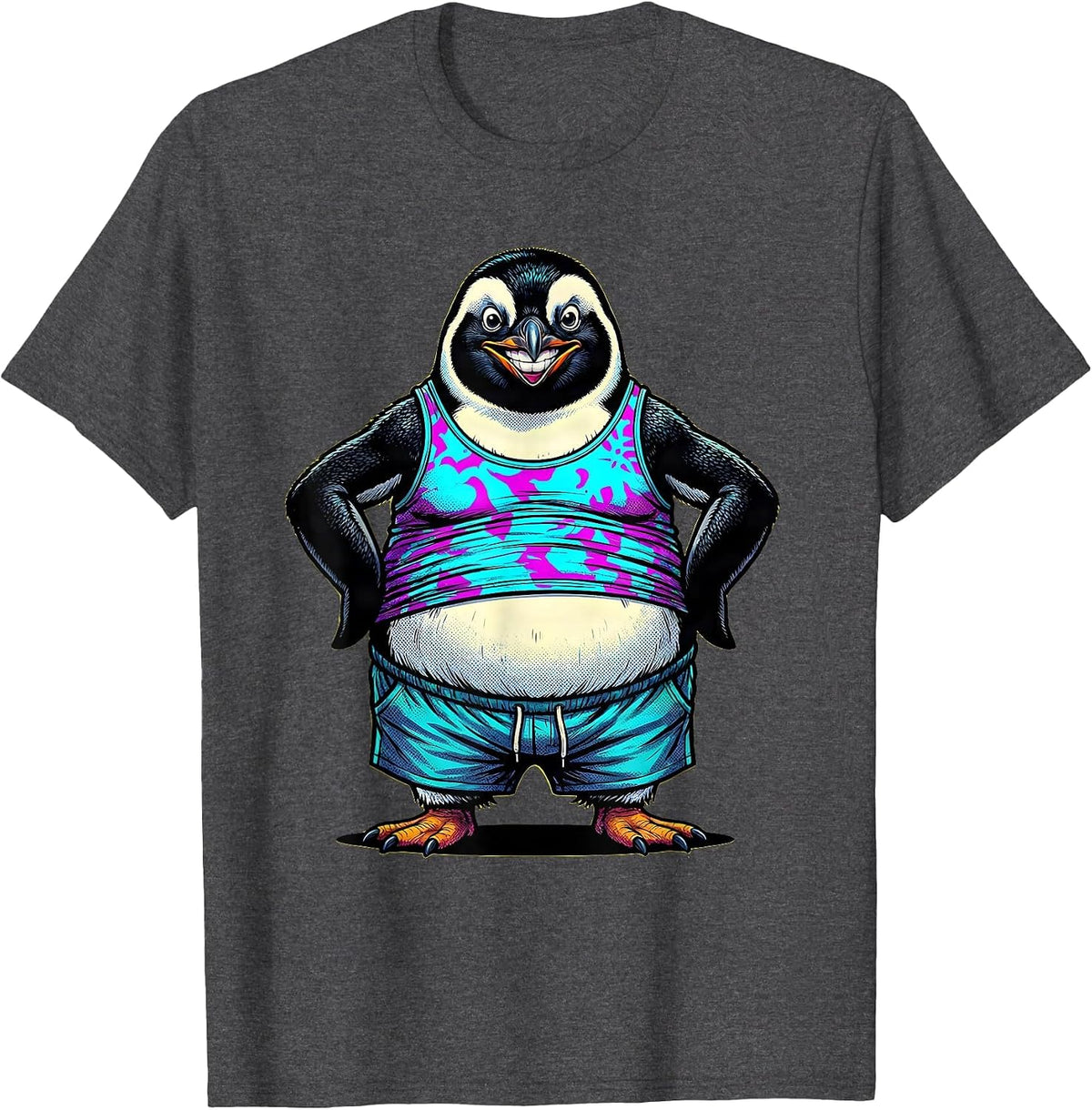Funny Portly Penguin in Tank Top and Shorts T-Shirt - Dark Heather Grey