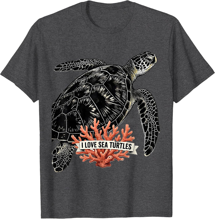Men's I Love Sea Turtles Funny Ocean Wildlife Animal Lover Gift T-Shirt - Dark Heather Grey