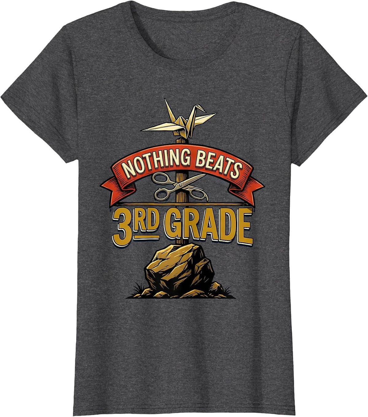 Women's Nothing Beats 3rd Grade Back to School Rock Paper Scissors T-Shirt - Dark Heather Grey