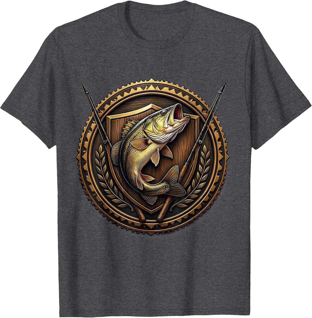 Trophy Bass Mounted on Plaque Fishing Graphic T-Shirt - Dark Heather Grey