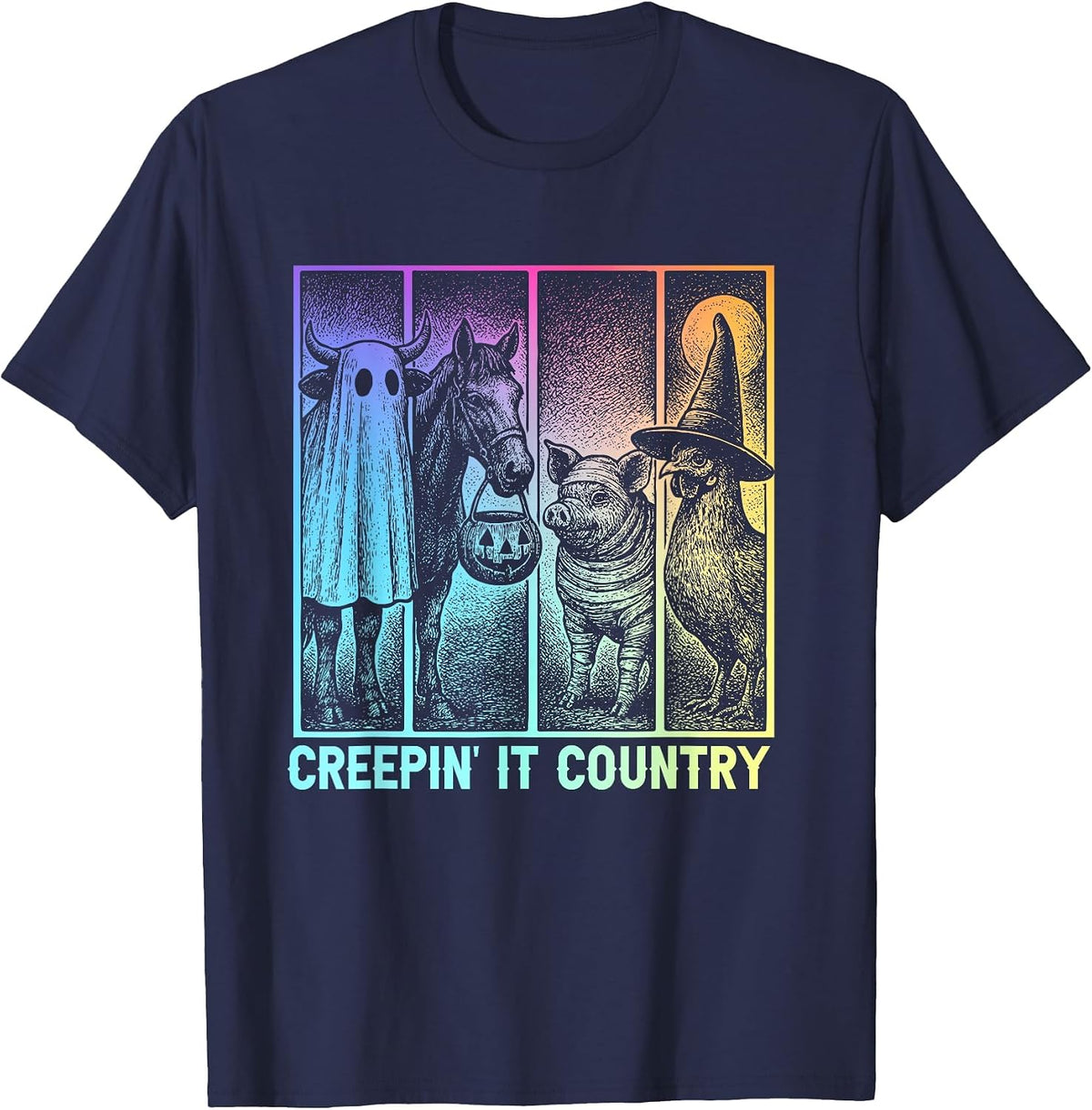 Creepin’ It Country Halloween Farm Animal Pig Cow Chicken T-Shirt - Navy Blue