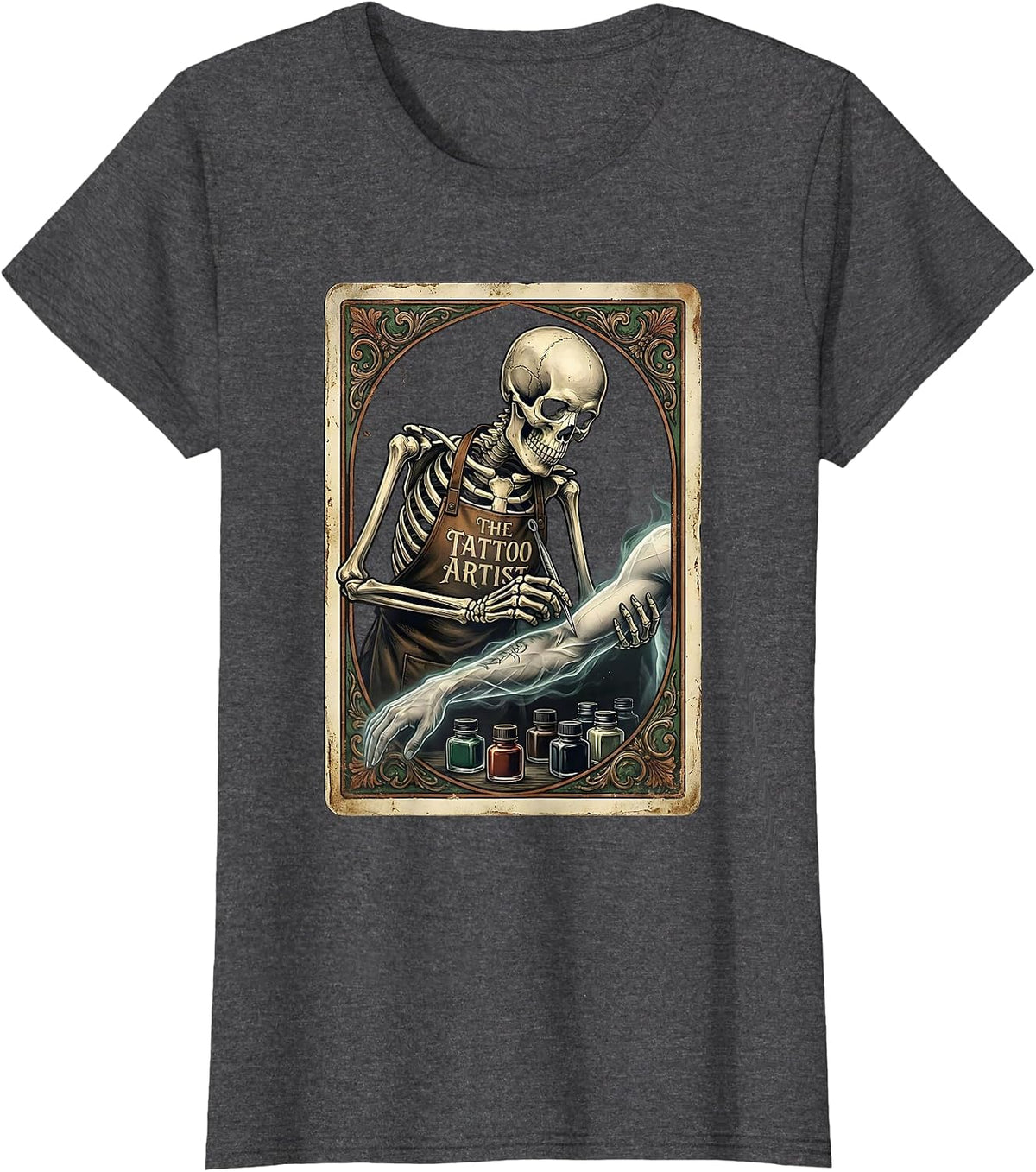 Women's The Tattoo Artist Vintage Tarot Card Skeleton Gothic Humor T-Shirt - Dark Heather Grey