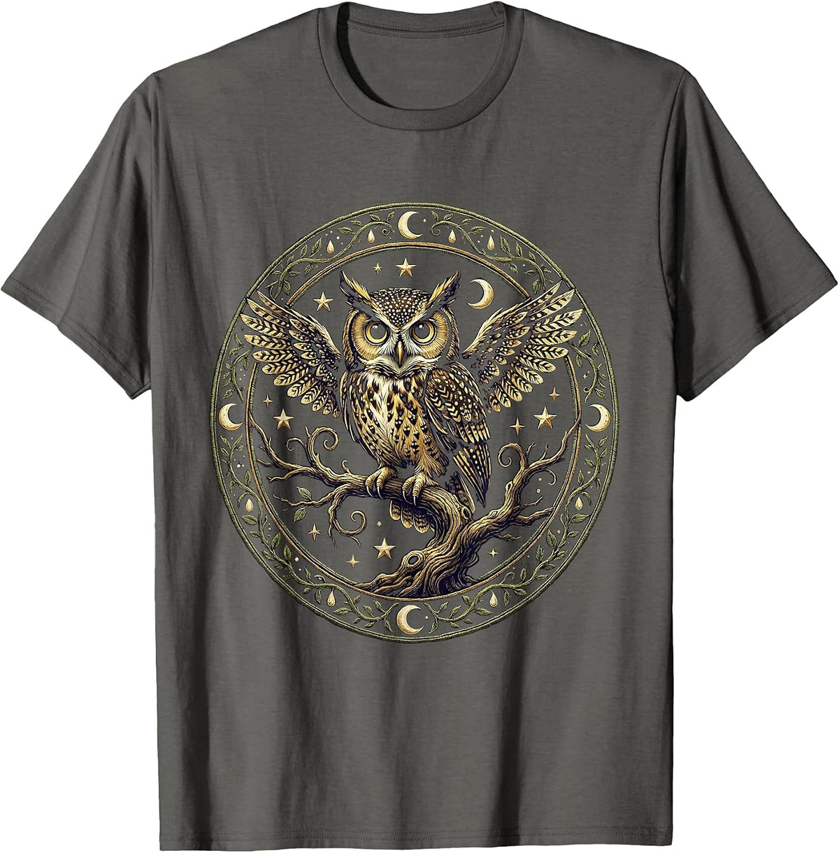 Men's Spooky Owl Glowing Eyes on Branch Halloween Design T-Shirt - Asphalt Grey