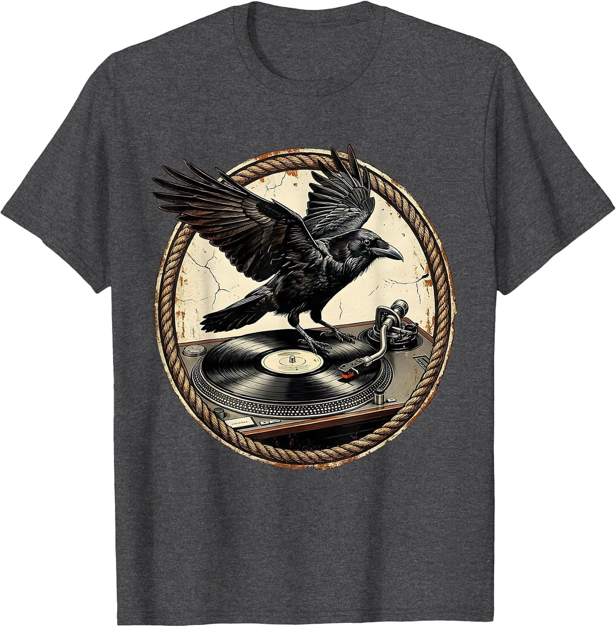Men's Raven on Vintage Turntable Rock Music Graphic T-Shirt - Dark Heather Grey