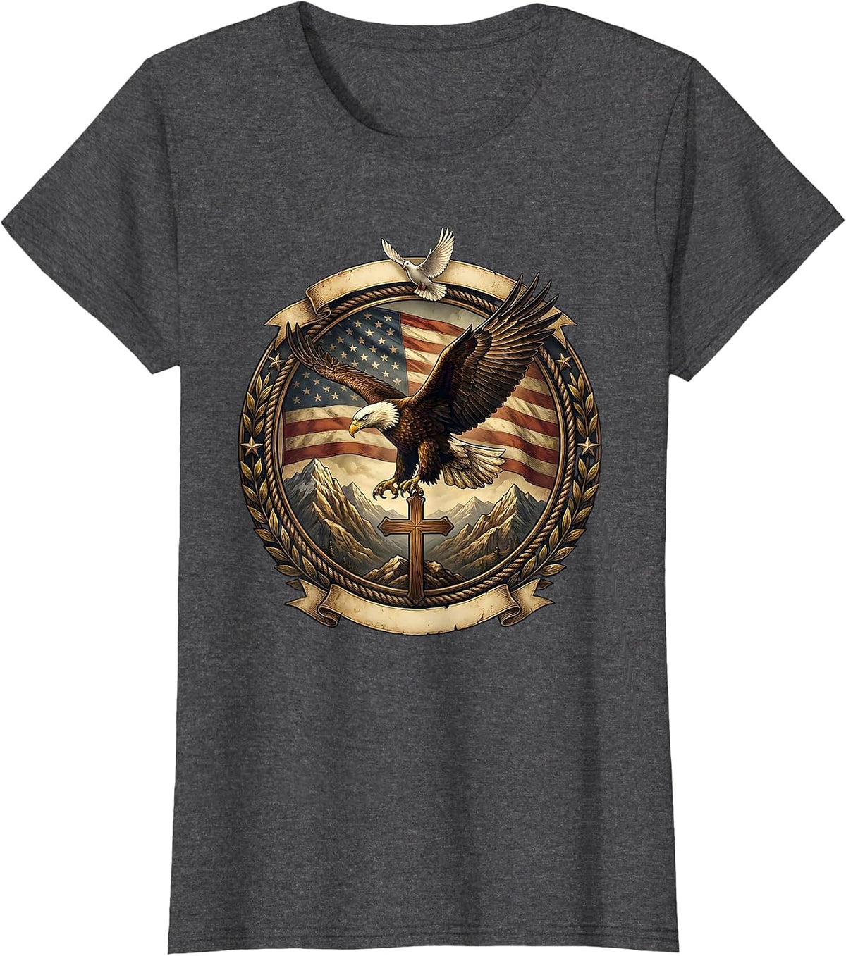 Women's Bald Eagle Soaring Over Mountain Peaks T-Shirt - Dark Heather Grey