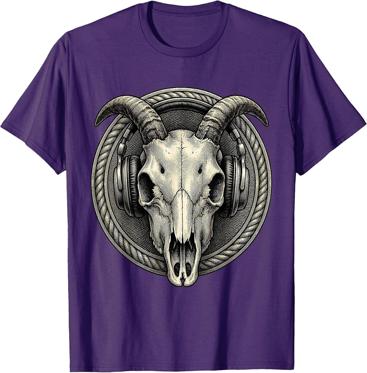 Men's Horned Goat Skull Headphones Metal Band Graphic T-Shirt - Purple