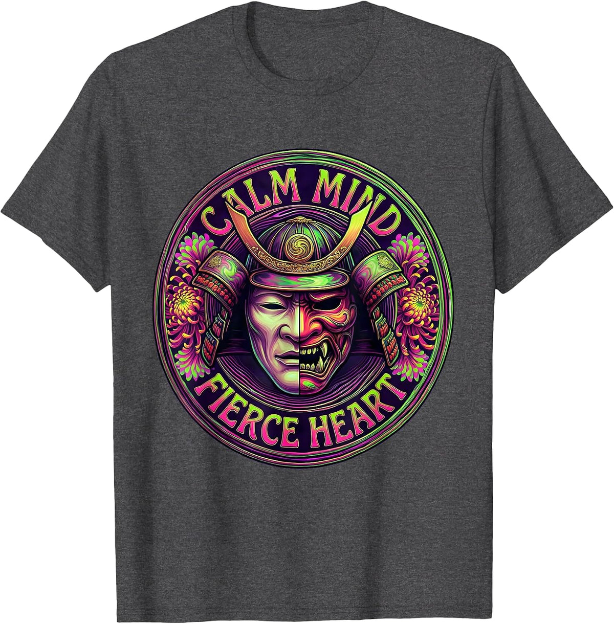 Calm Mind Fierce Heart Japanese Warrior Design T-Shirt - Dark Heather Grey