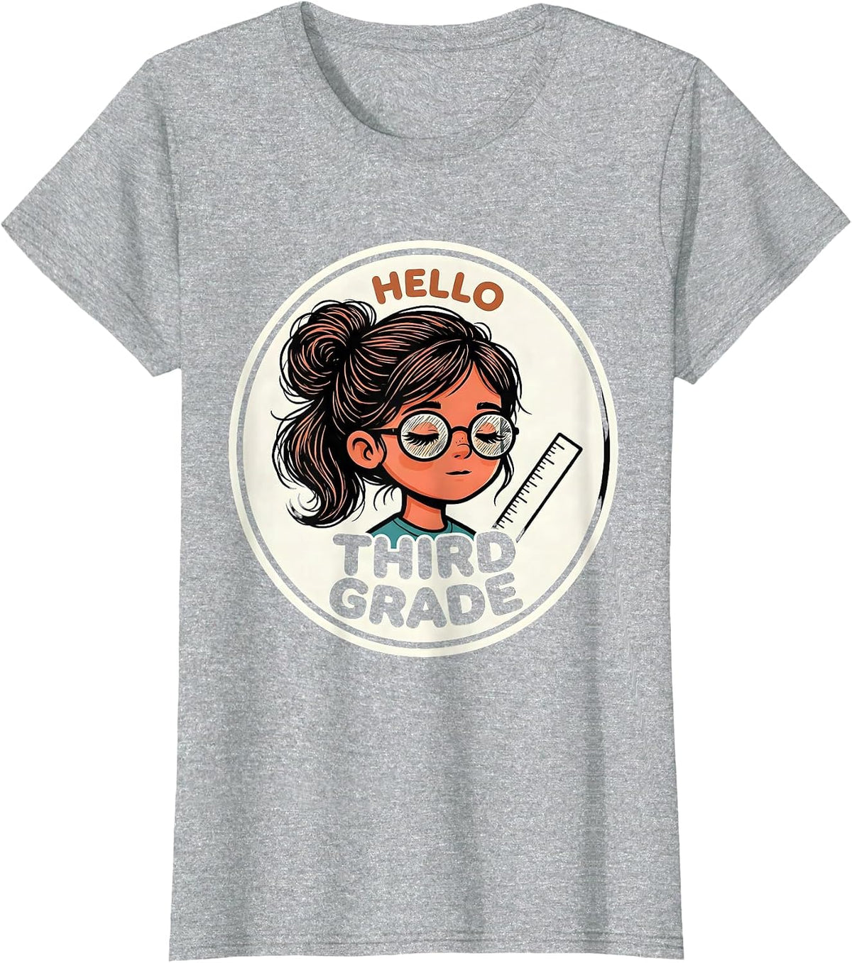 Hello Third Grade Back To School Messy Bun Cartoon Girl T-Shirt - Heather Grey