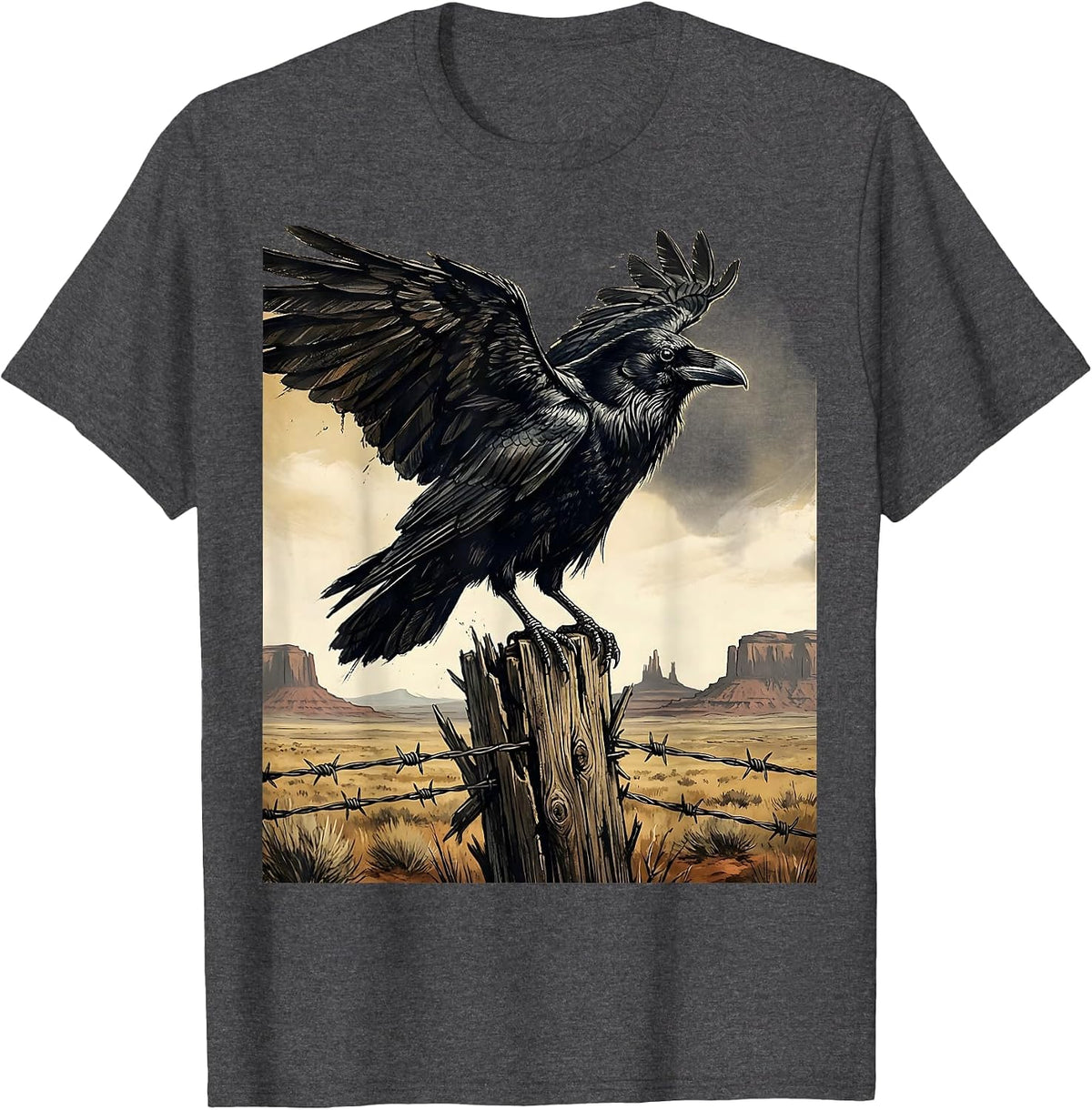 Raven on Fence Post Cowboy Western Design T-Shirt - Dark Heather Grey