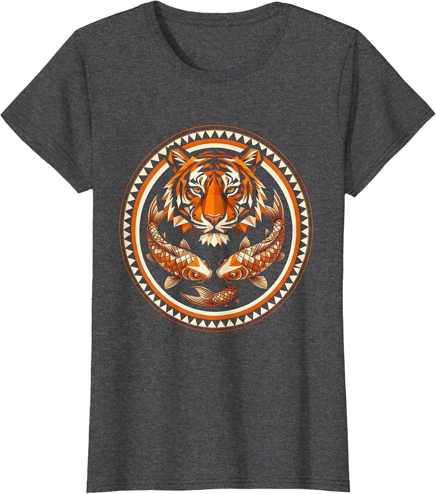 Women's Tiger and Koi Fish Swirl Graphic Design T-Shirt - Dark Heather Grey