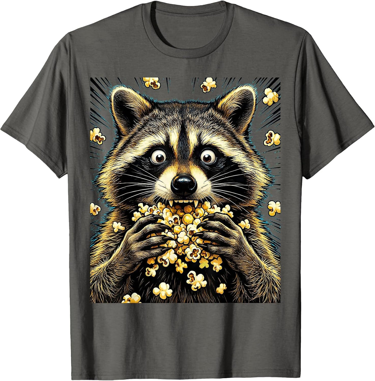 Snack Raccoon Popcorn Chaos Funny Animal Design T-Shirt - Asphalt Grey