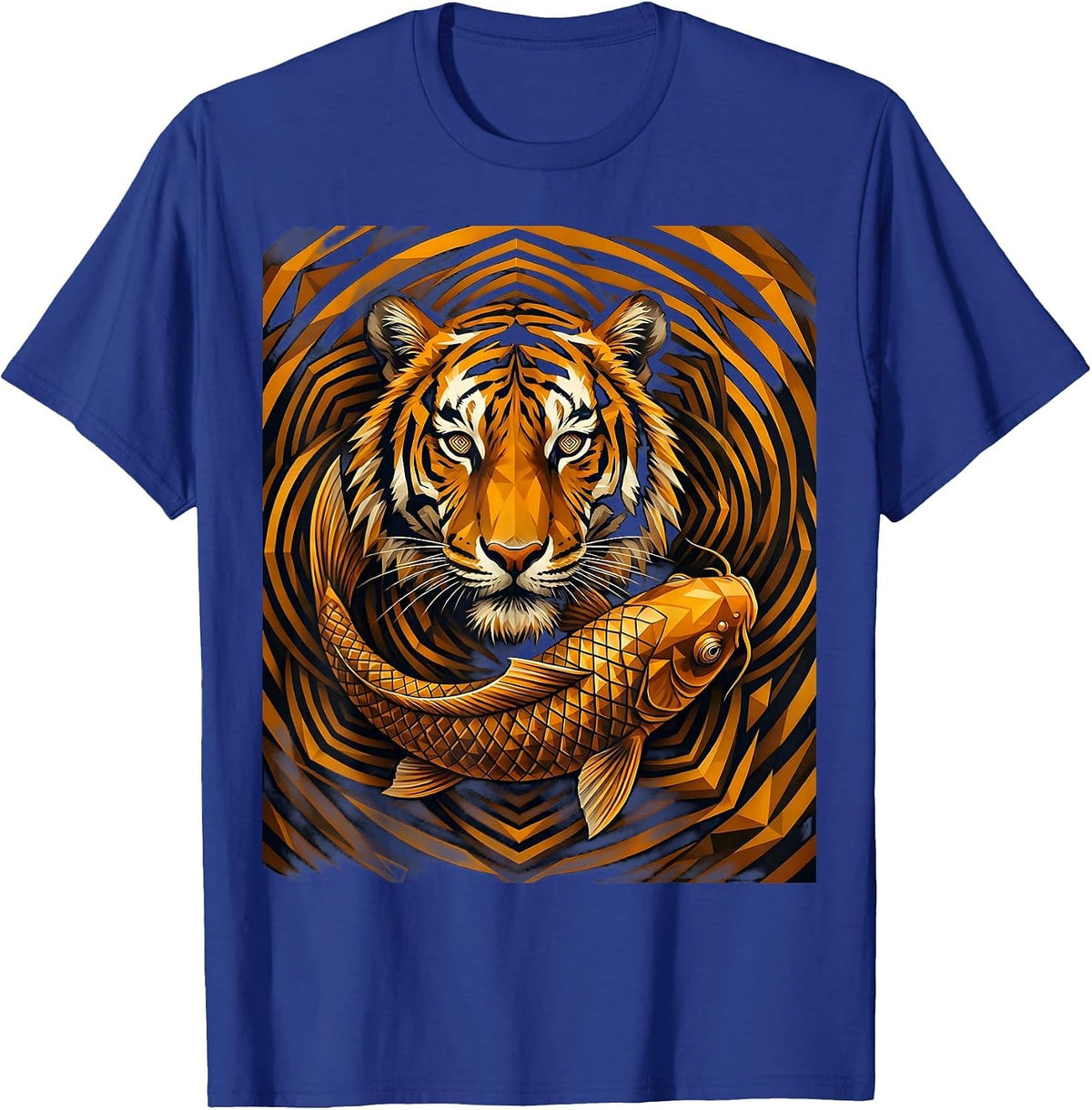 Men's Tiger and Koi Fish Swirling Water Graphic T-Shirt - Royal Blue