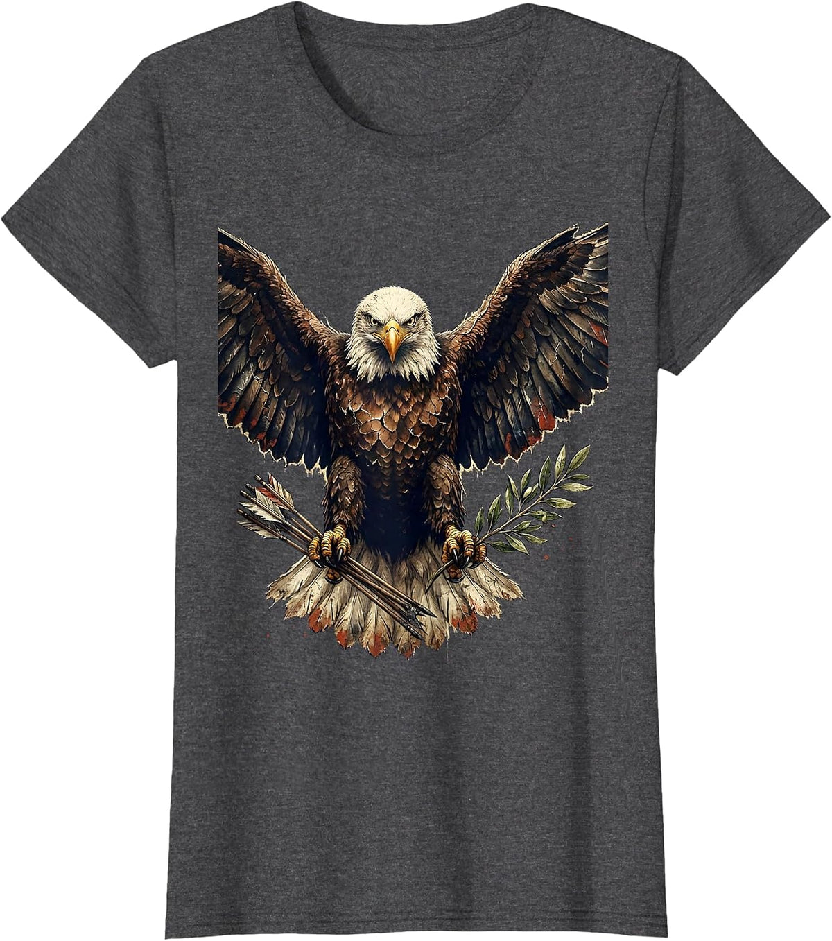 Women's Bald Eagle Arrows and Olive Branch Patriotic T-Shirt - Dark Heather Grey
