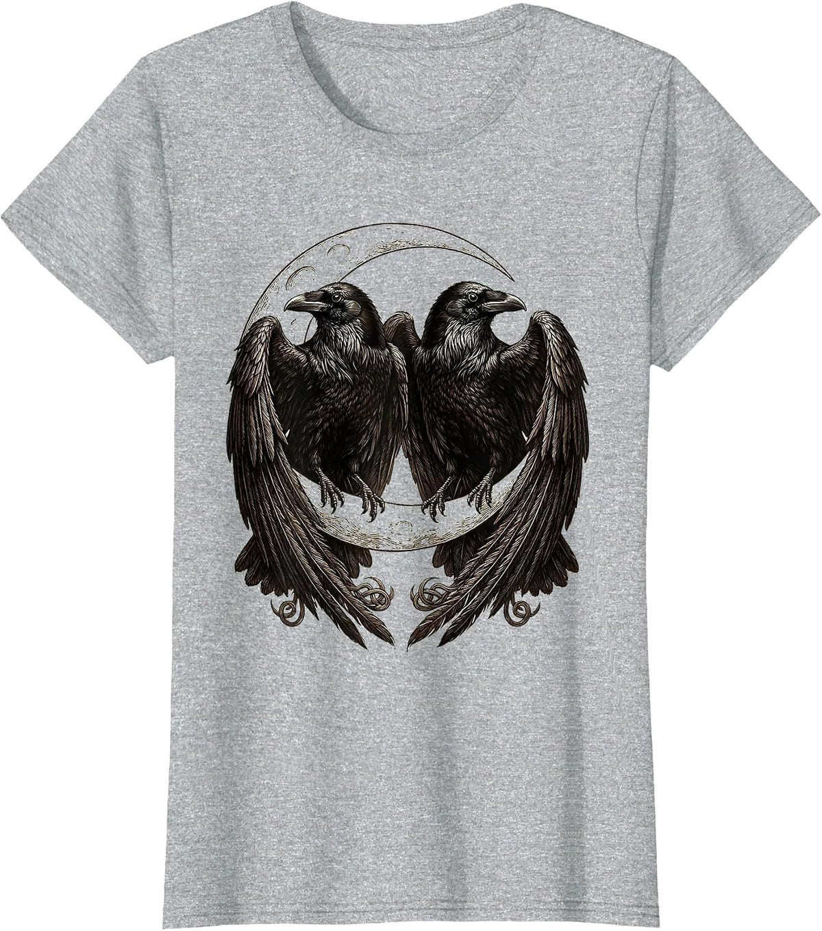 Odin's Ravens Crescent Moon Norse Mythology Design T-Shirt - Heather Grey