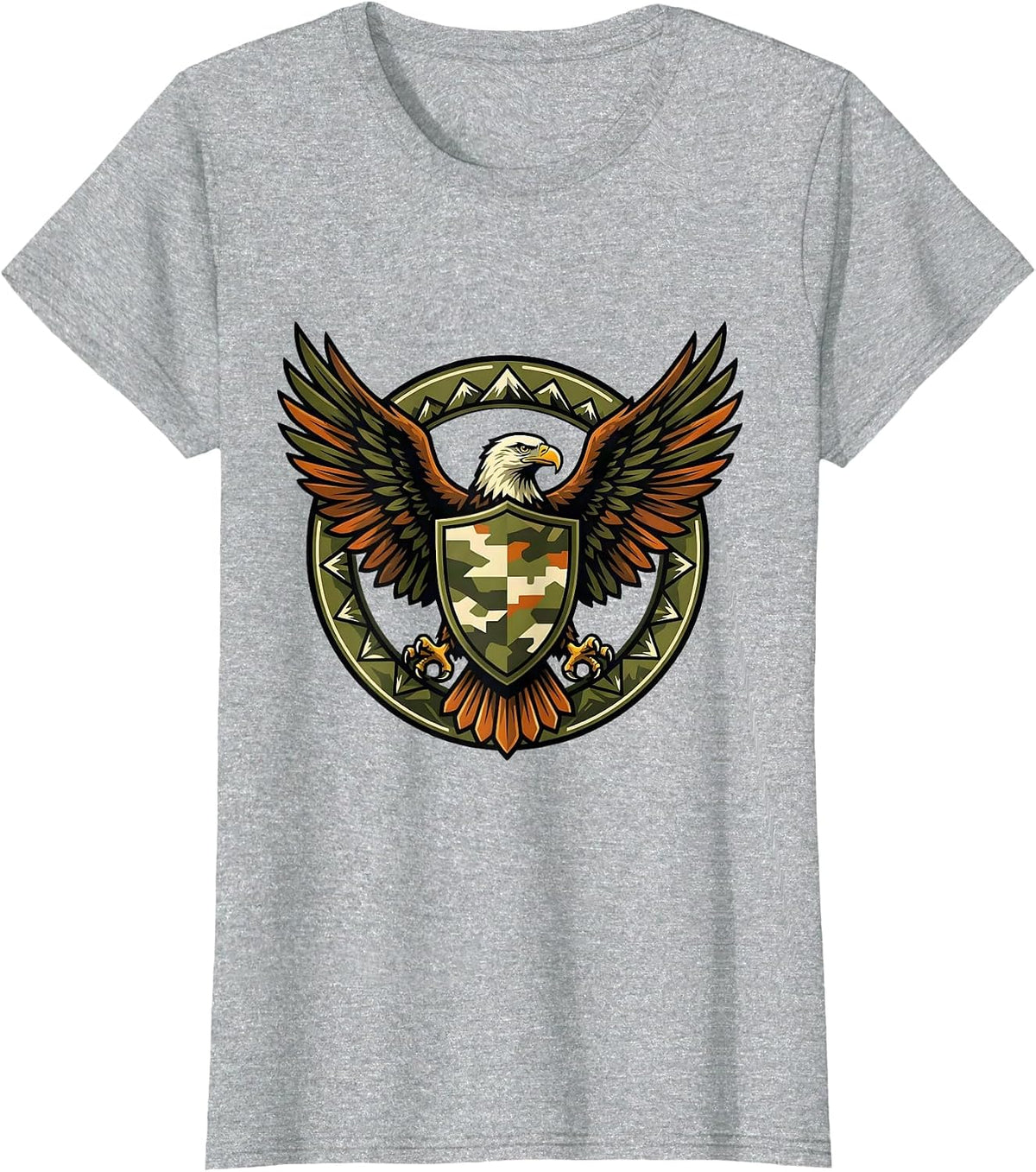 Eagle Clutching Camo Shield Patriotic Design T-Shirt - Heather Grey
