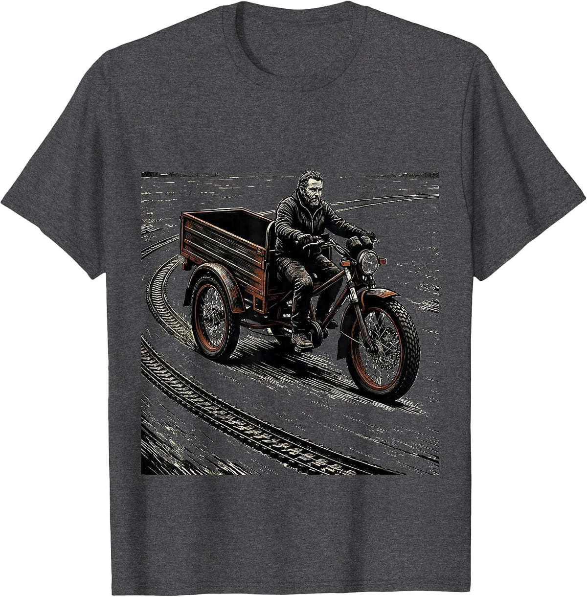 Men's Old Guy Trike Linocut Cycling Humor T-Shirt - Dark Heather Grey