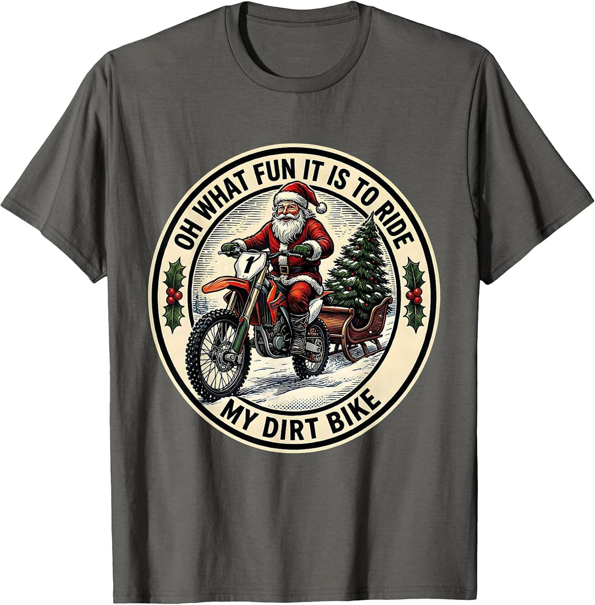 Men's Oh What Fun It Is To Ride My Dirt Bike Woodcut Engraving T-Shirt - Asphalt Grey
