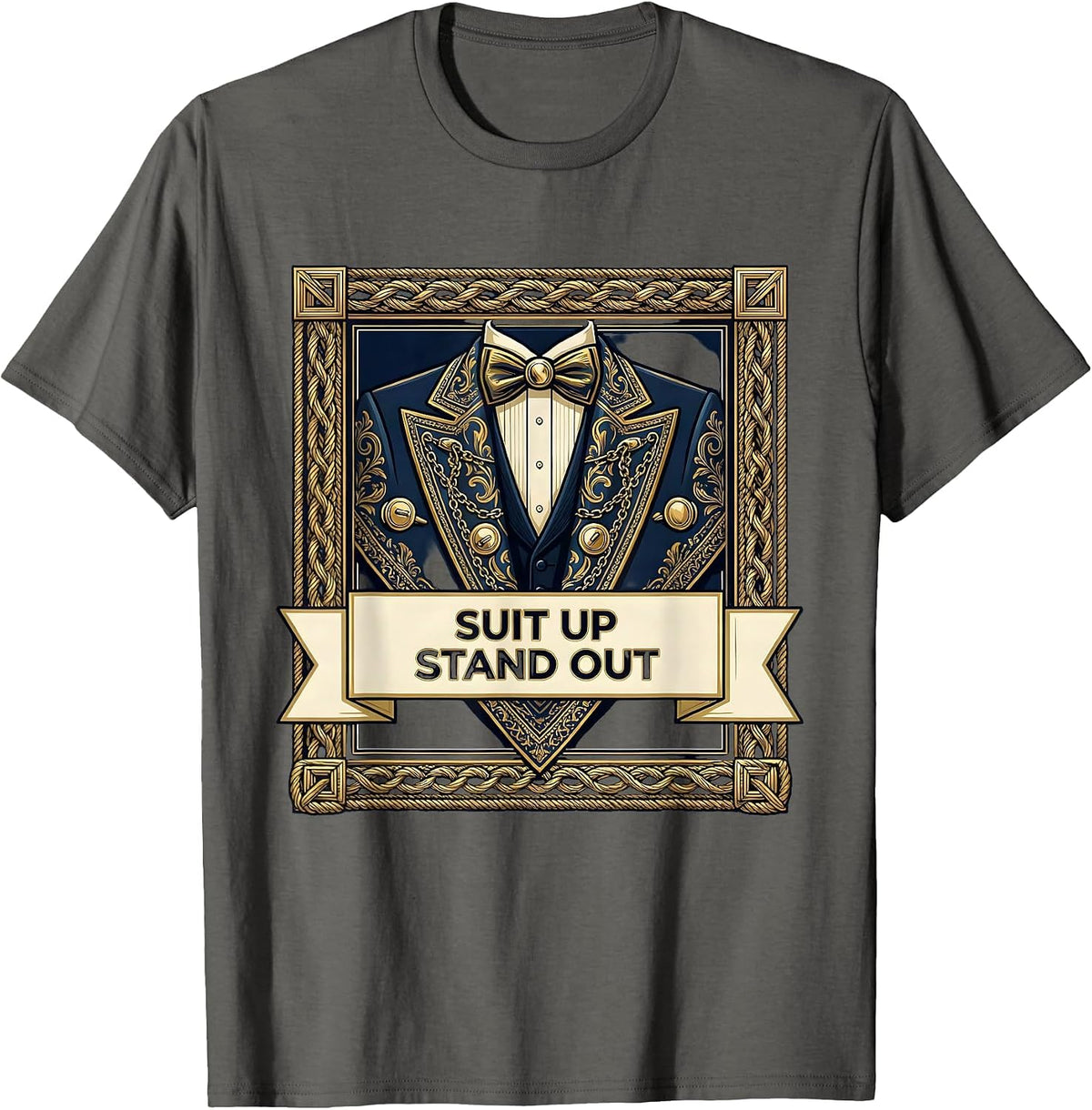Men's Suit Up Stand Out Tuxedo Graphic Design T-Shirt - Asphalt Grey