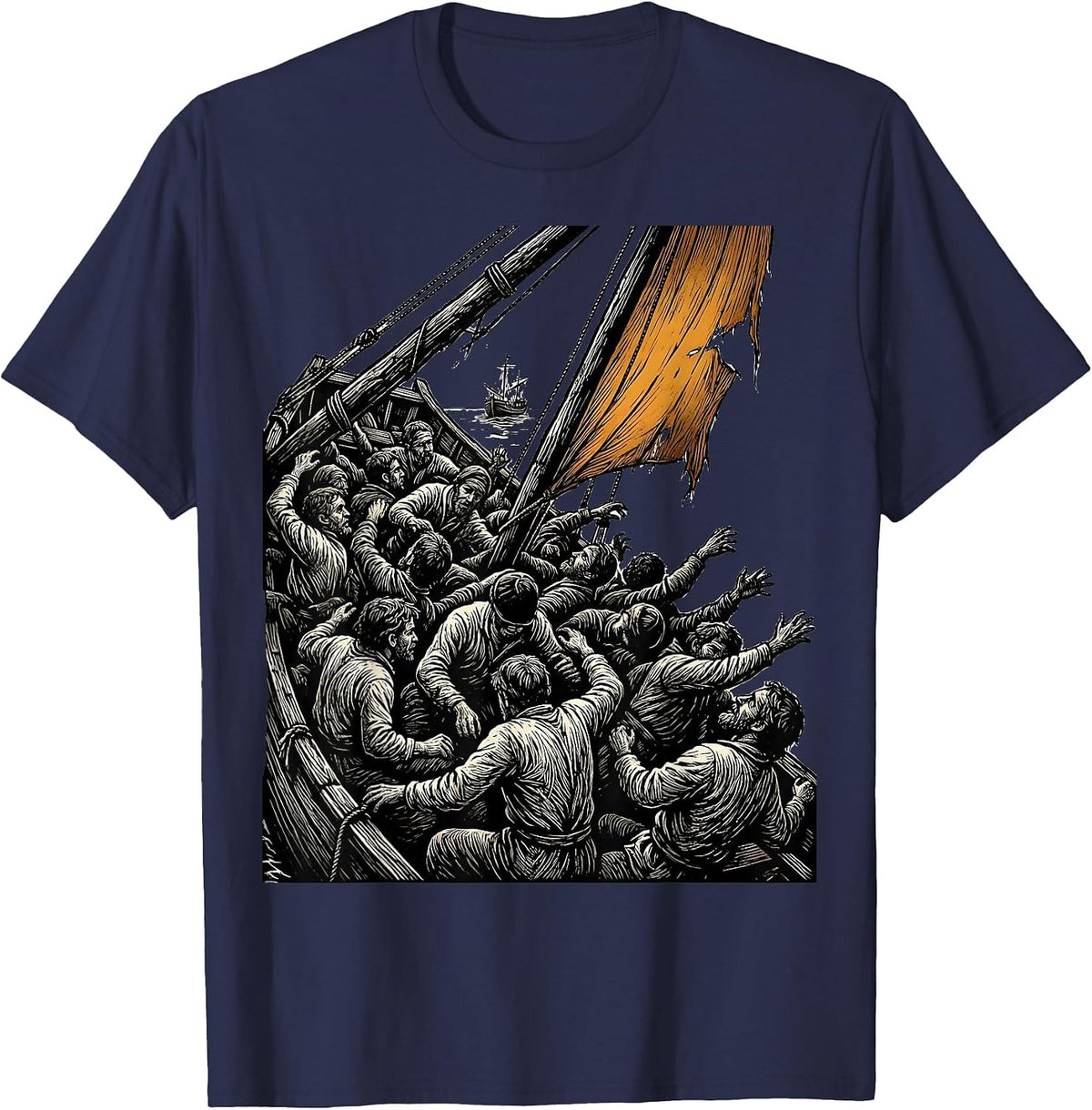 Cropped Raft Survivors Woodcut Engraving Art History Fan T-Shirt - Navy Blue