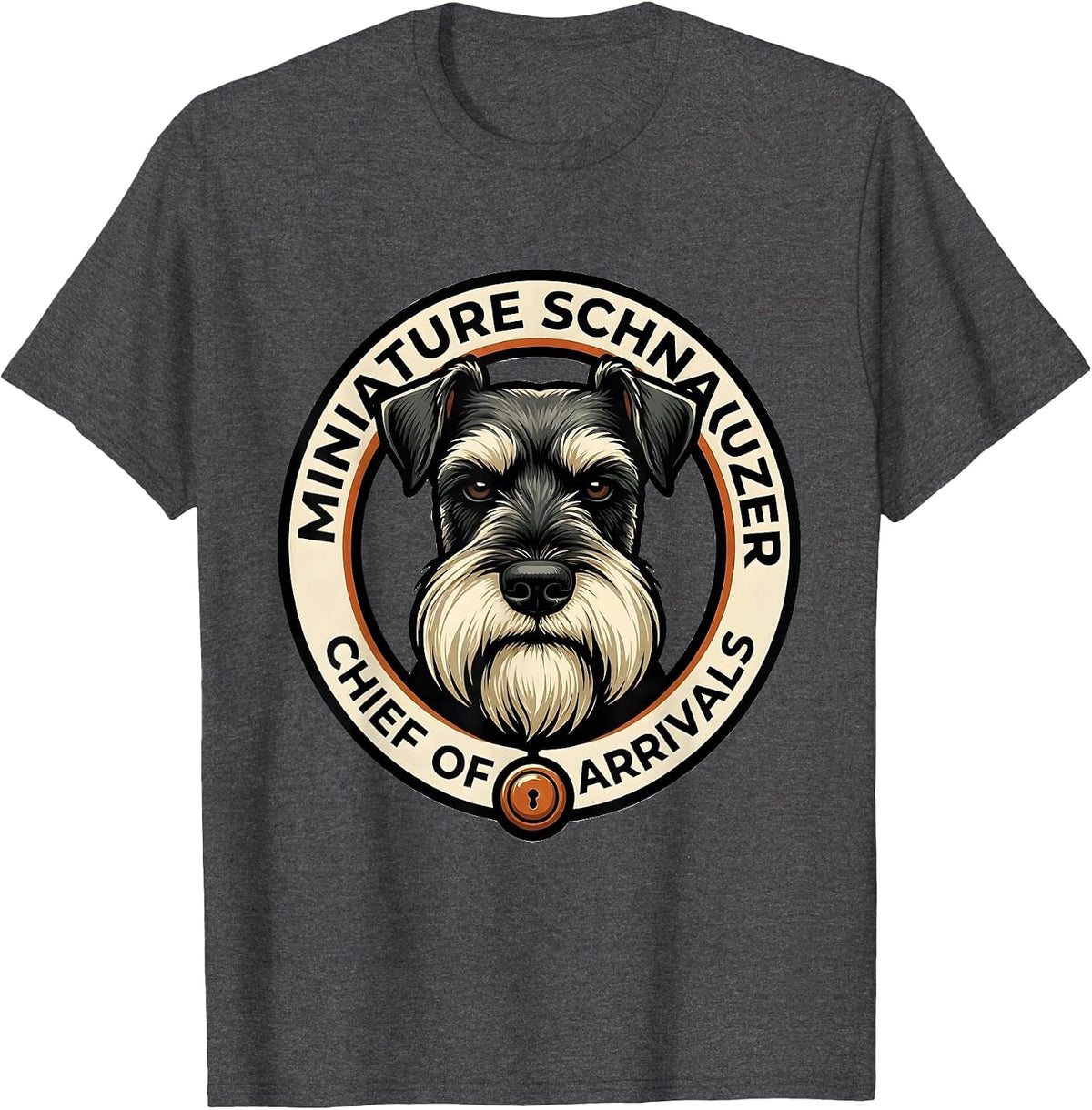 Men's Miniature Schnauzer Chief Of Arrivals Mascot Logo Dog Owner T-Shirt - Dark Heather Grey