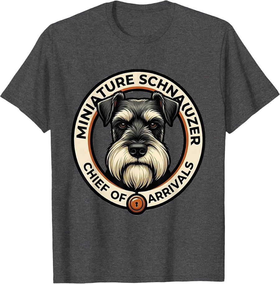 Men's Miniature Schnauzer Chief Of Arrivals Mascot Logo Dog Owner T-Shirt - Dark Heather Grey