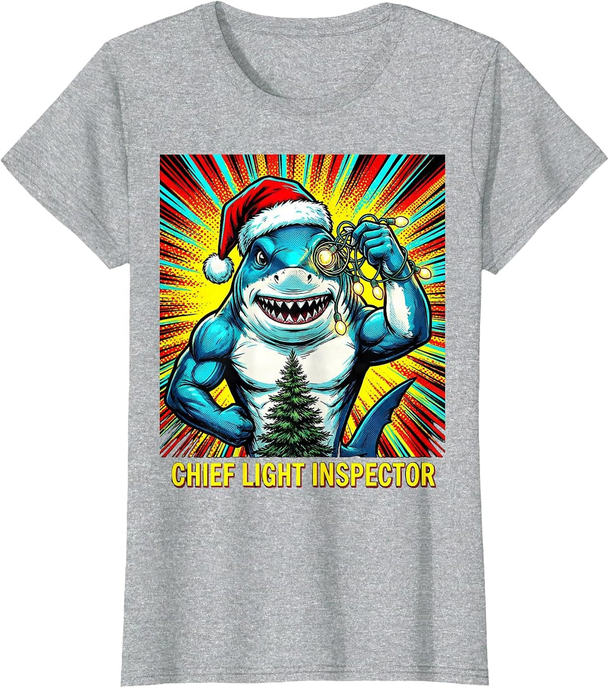 Chief Light Inspector Pop Art Funny Shark Santa Hat T-Shirt - Heather Grey