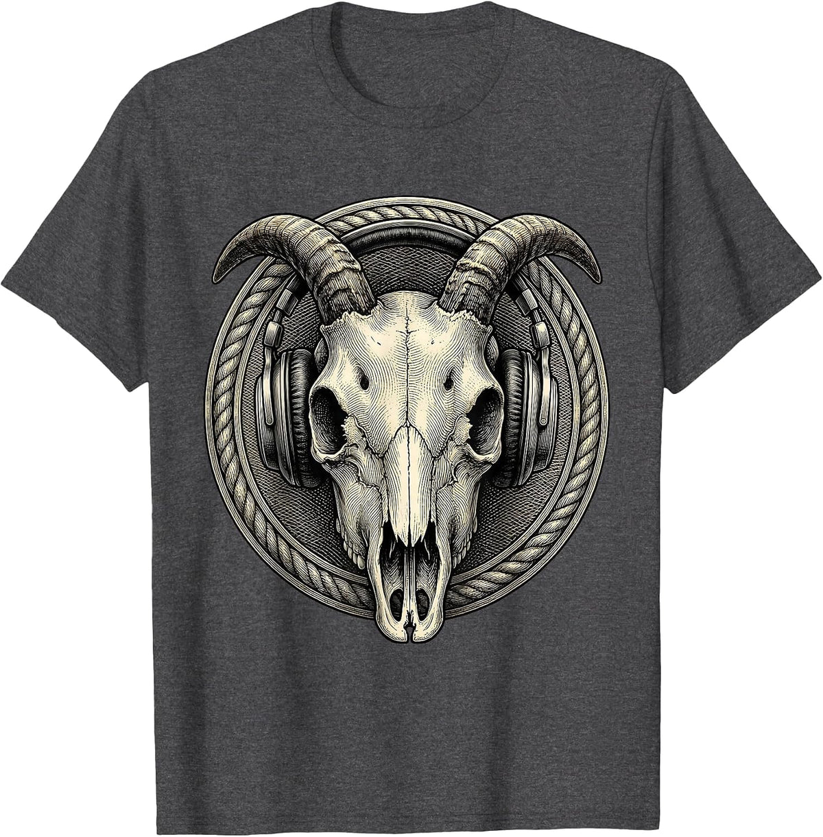 Men's Horned Goat Skull Headphones Metal Band Graphic T-Shirt - Dark Heather Grey