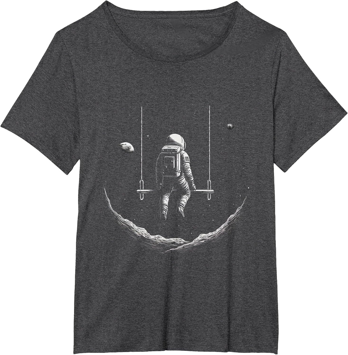 Astronaut Sitting on a Swing in Space Stars Moon T-Shirt - Dark Heather Grey
