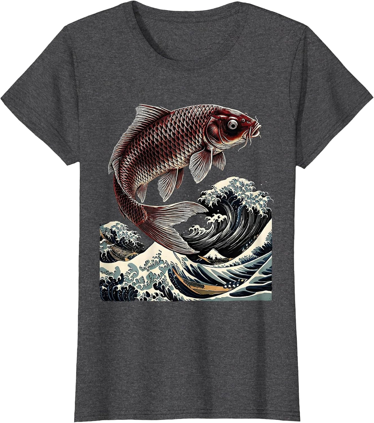 Women's Koi Fish Leaping Over Crashing Wave Japanese Art T-Shirt - Dark Heather Grey