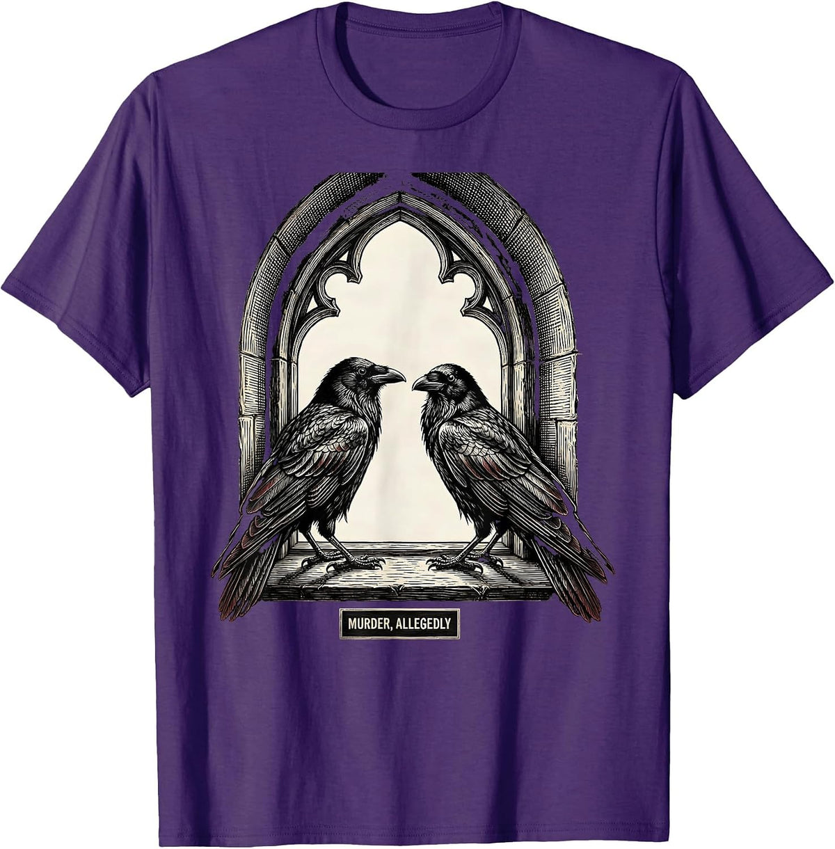 Men's Murder, Allegedly Gothic Crow Humor Literary Pun T-Shirt - Purple