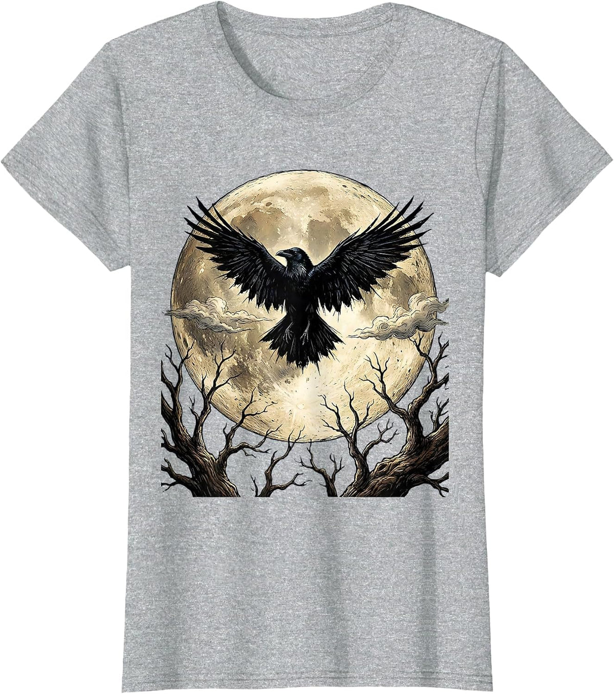 Women's Raven Silhouette Full Moon Edgar Allan Poe T-Shirt - Heather Grey