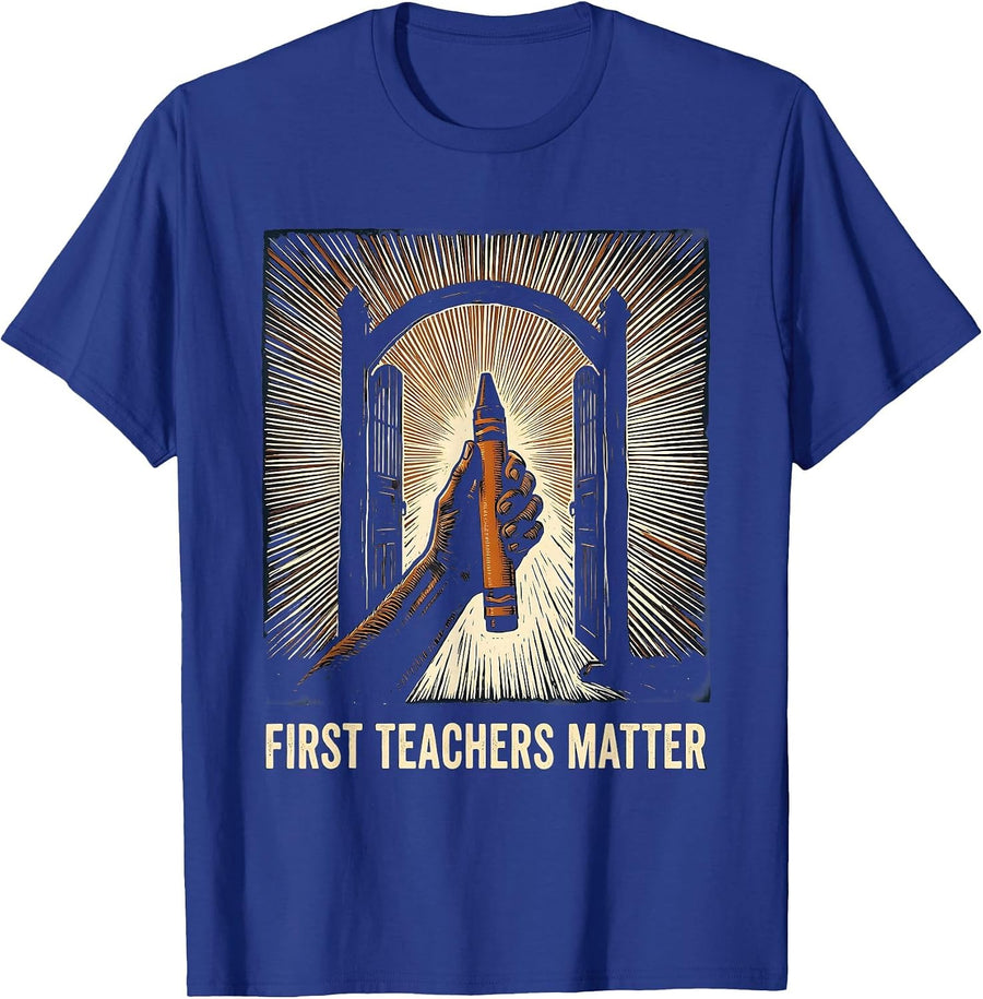 First Teachers Matter Linocut Preschool Teacher Back to T-Shirt - Royal Blue