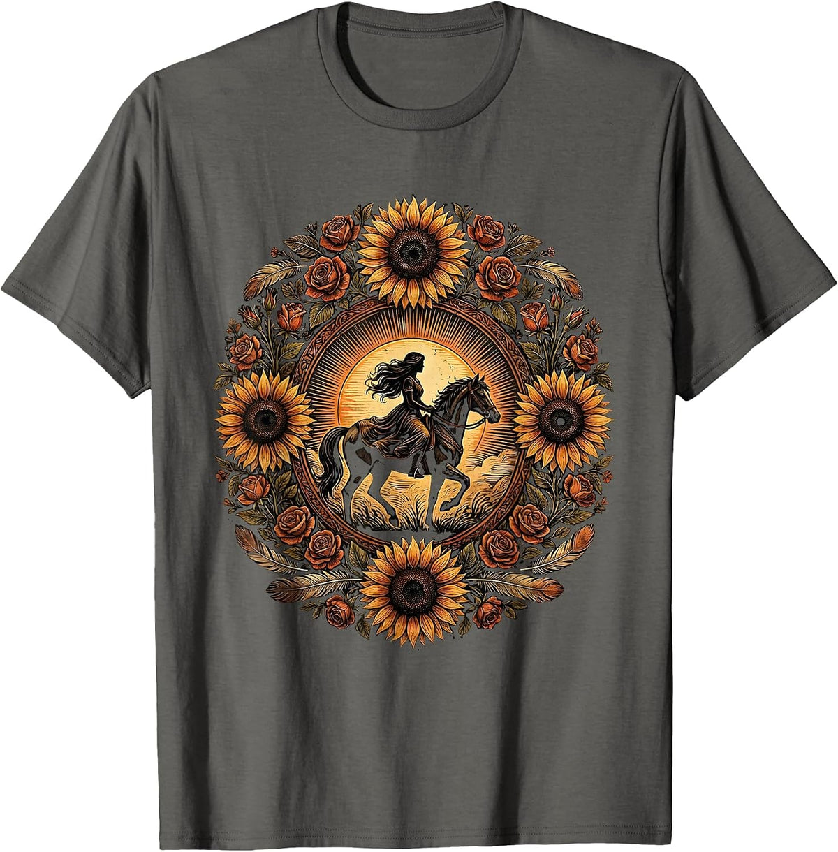 Horseback Rider Sunset Western Graphic Tee T-Shirt - Asphalt Grey