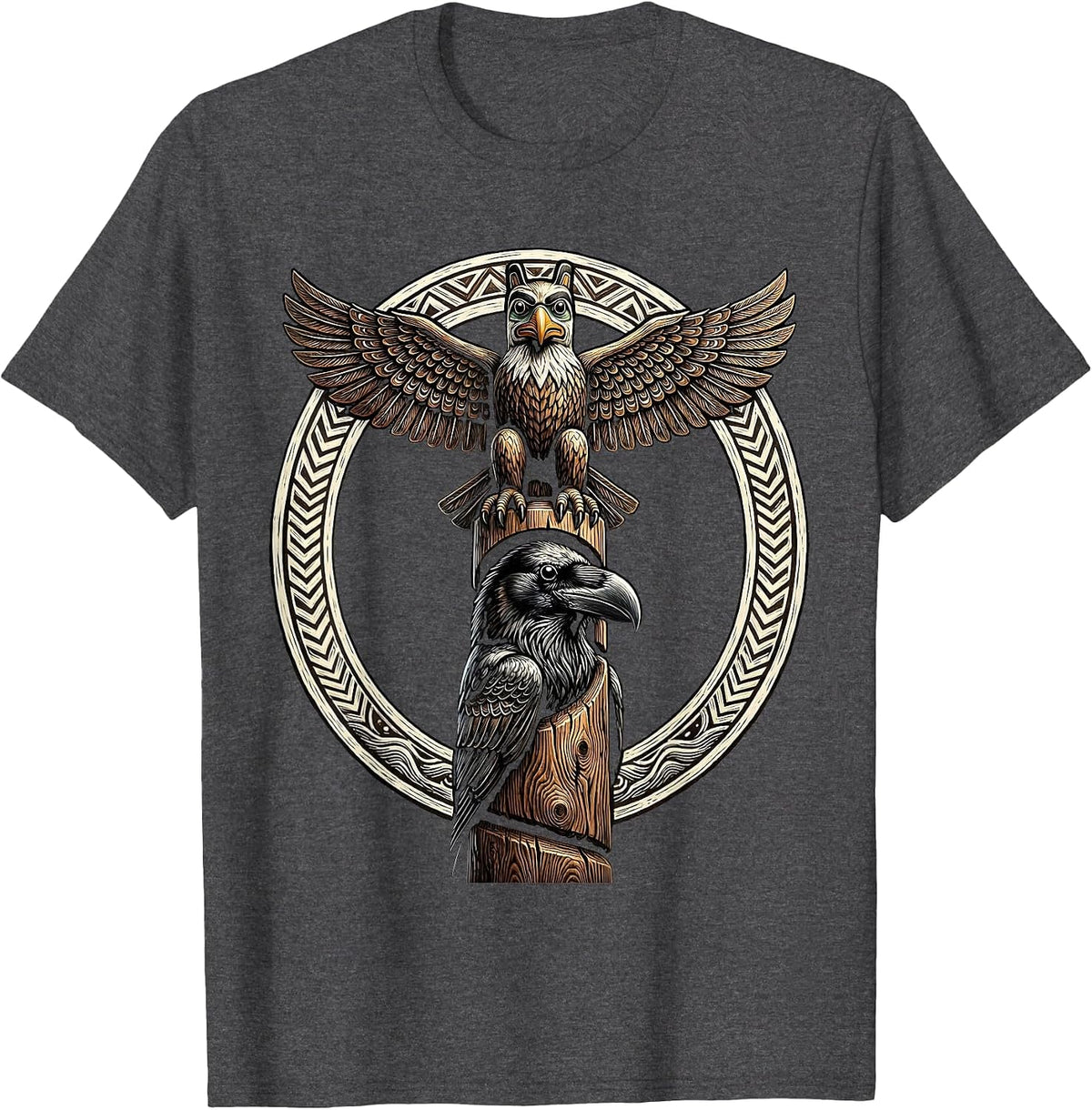 Alaska Totem Pole Eagle and Raven Illustration T-Shirt - Dark Heather Grey
