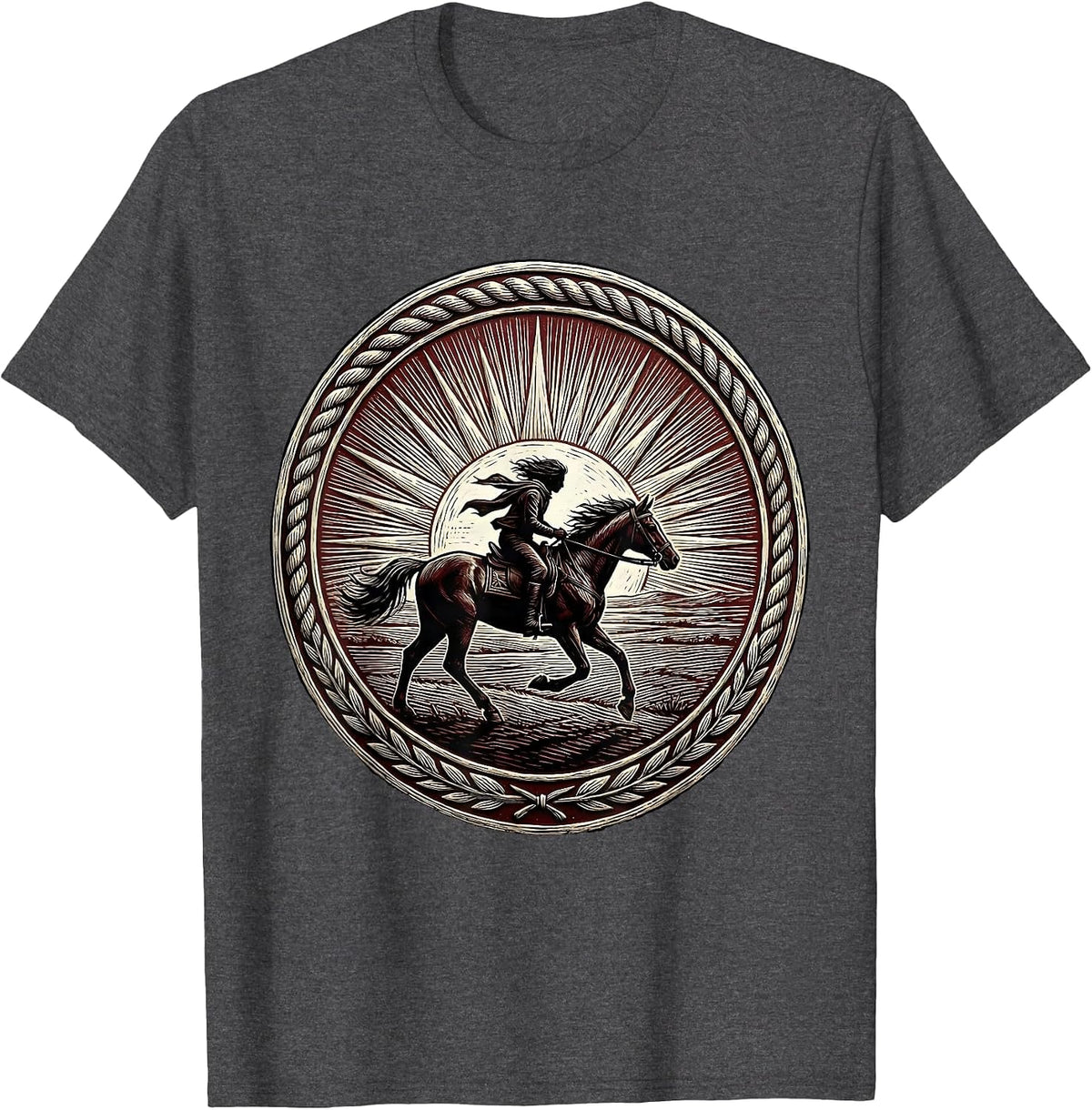 Red Freedom Lone Rider Horseback Sunset Design T-Shirt - Dark Heather Grey