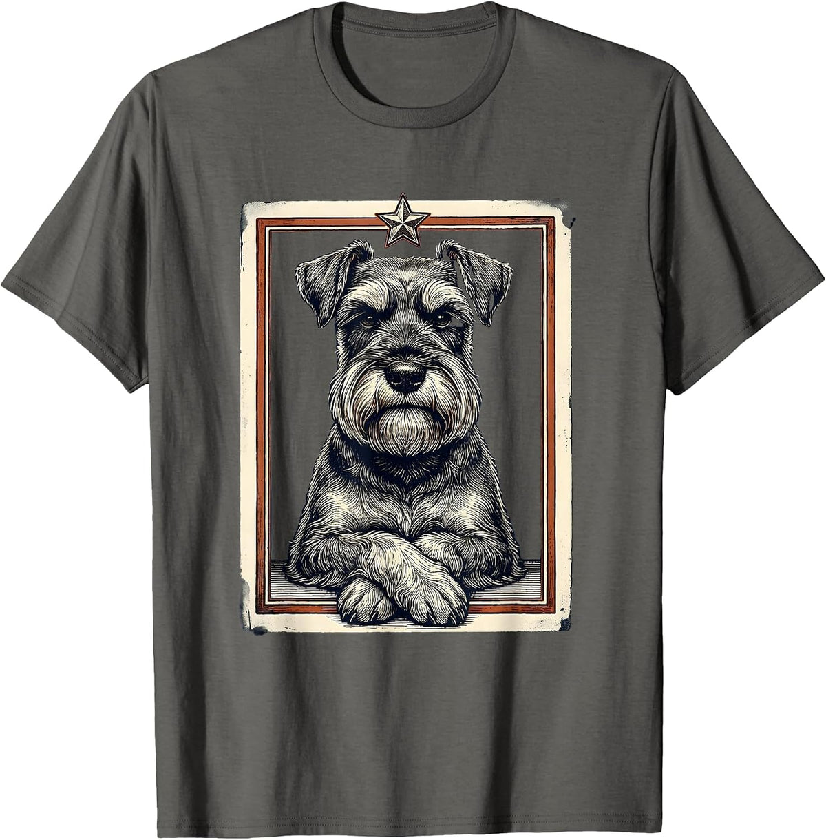 Men's Miniature Schnauzer Portrait Wood Type Letterpress Dog Lover T-Shirt - Asphalt Grey