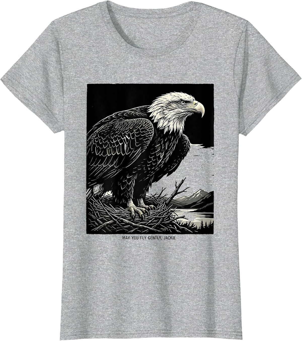 Women's May You Fly Gently, Jackie Linocut Bald Eagle Memorial T-Shirt - Heather Grey