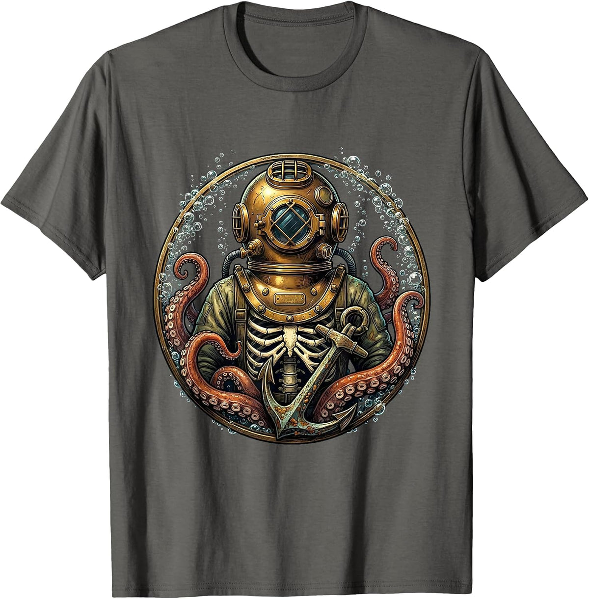 Skeleton Deep Sea Diver Vintage Diving Helmet Art T-Shirt - Asphalt Grey