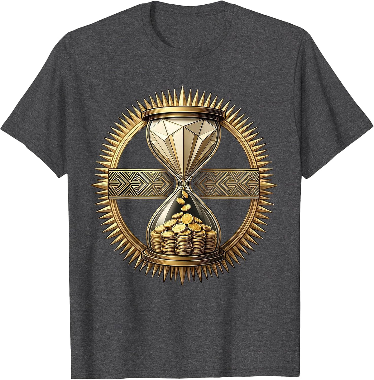 Black and Gold Hourglass Falling Coins Graphic T-Shirt - Dark Heather Grey